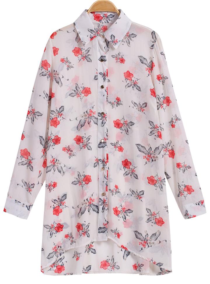 Romwe Floral Print Dipped Hem White Blouse