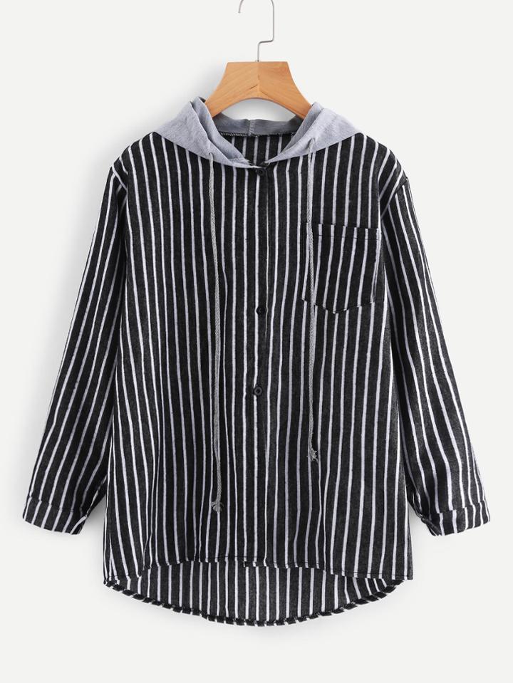 Romwe Contrast Hooded Striped Dip Hem Shirt