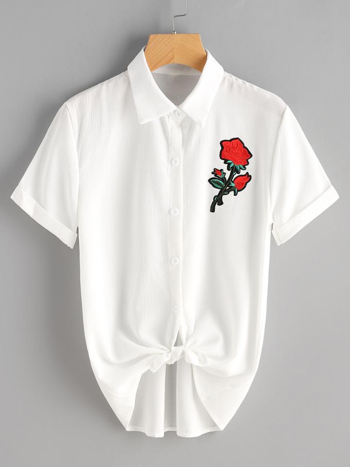 Romwe Rose Embroidered Patch Self Tie Front Cuffed Blouse