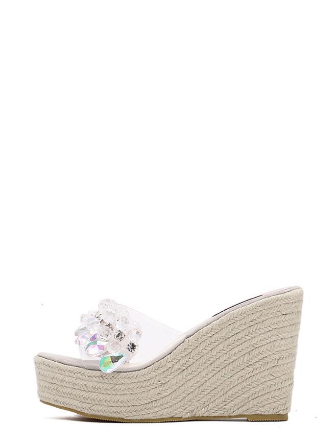 Romwe Grey Peep Toe Beads Decorated Wedge Slippers