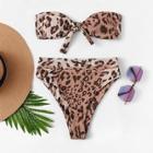 Romwe Leopard Tie Front Bandeau High Leg Bikini Set