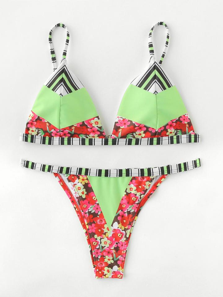 Romwe Striped Trim Triangle Bikini Set