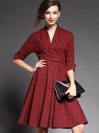 Romwe Red V Neck Half Sleeve Drawstring Print Dress