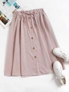 Romwe Pinstripe Drawstring Waist Button Front Skirt