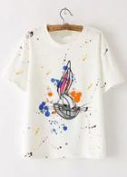 Romwe Rabbit Speckled Print White T-shirt