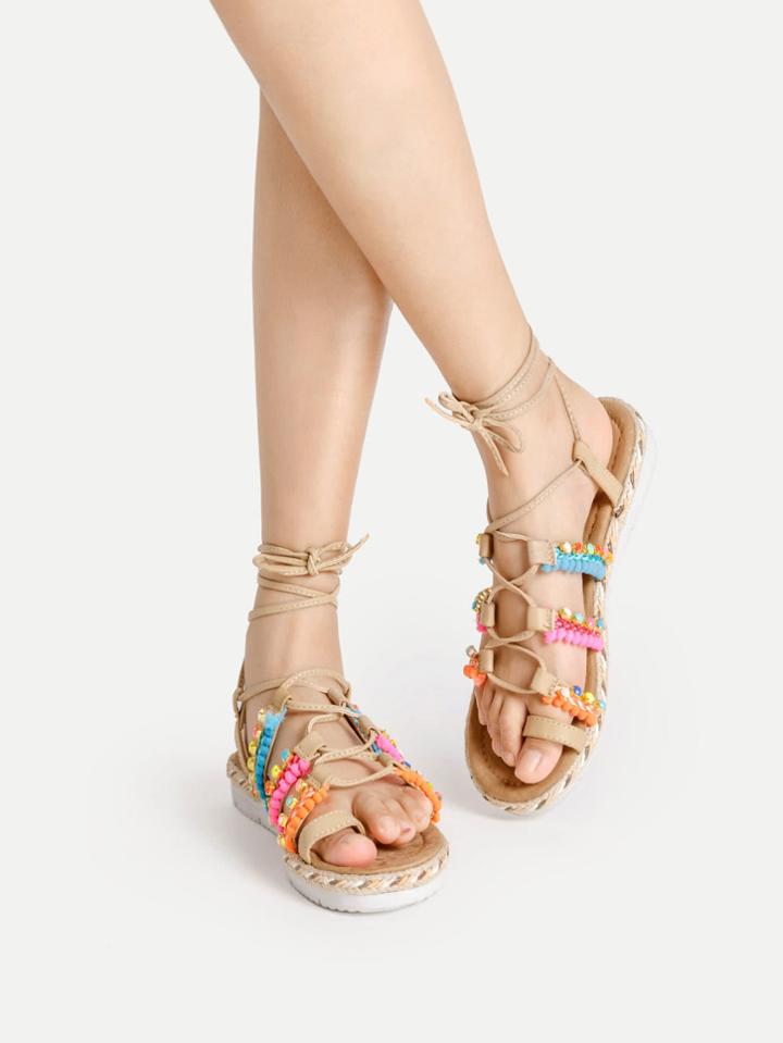 Romwe Pom Pom Decorated Flat Sandals