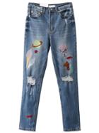 Romwe Blue Embroidered Denim Pants