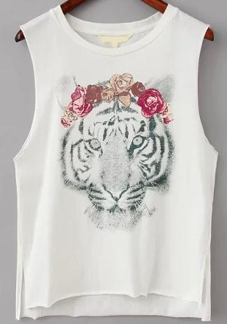 Romwe White Dip Hem Tiger Print Split Tank Top
