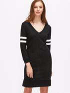 Romwe Black V Neck Varsity Striped Slit Sweatshirt Dress