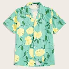 Romwe Guys Lemon Print Button Front Hawaiian Shirt
