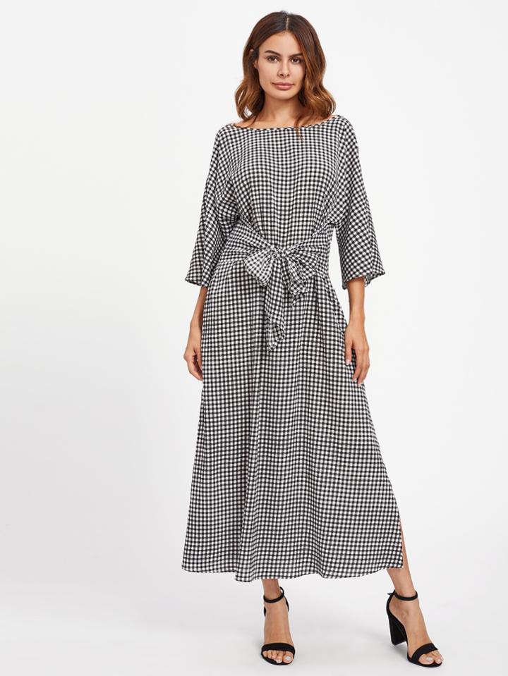 Romwe Bow Tie V Back Slit Gingham Dress