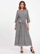 Romwe Bow Tie V Back Slit Gingham Dress