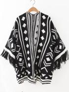 Romwe Black Geometric Pattern Fringe Cuff Cape Sweater