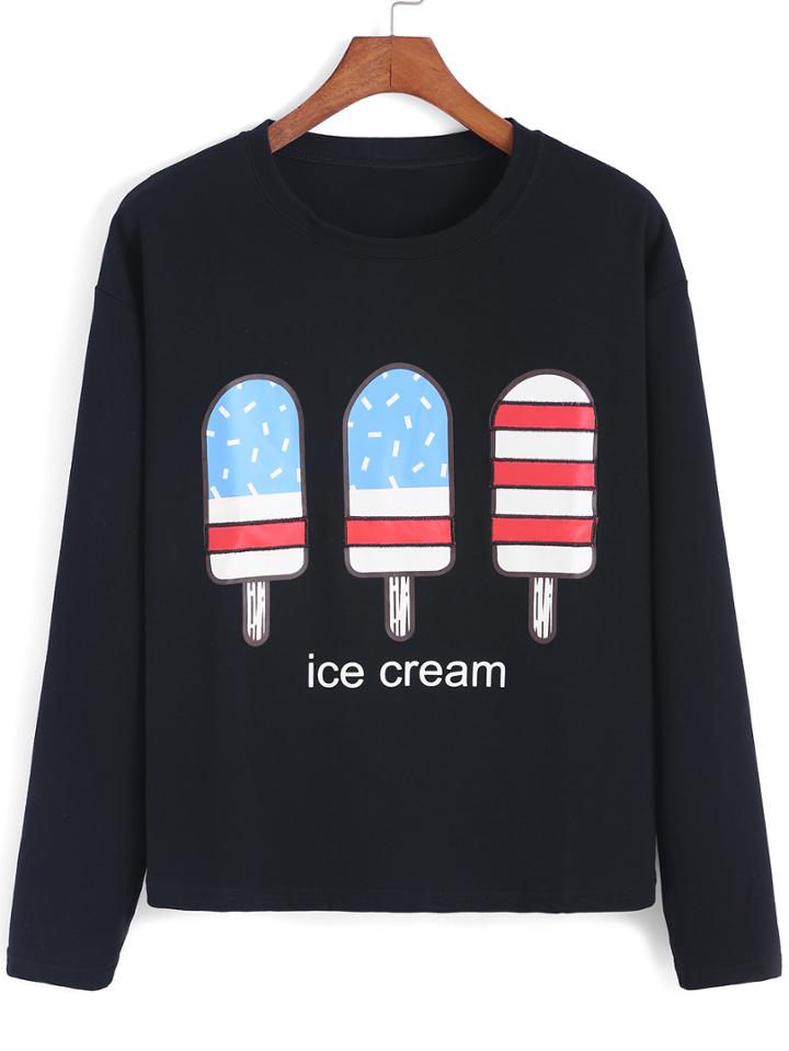 Romwe Popsicle Print Black Sweatshirt