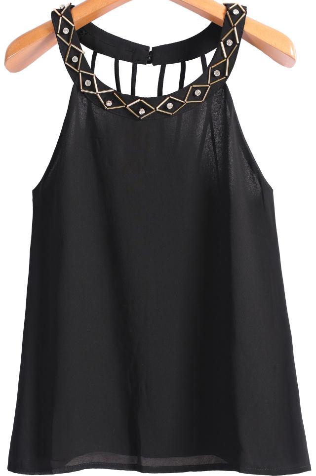 Romwe Bead Hollow Chiffon Black Vest