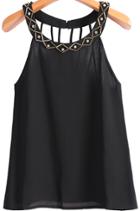 Romwe Bead Hollow Chiffon Black Vest