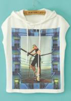 Romwe Hooded Short Sleeve Beauty Print Sweatshirt