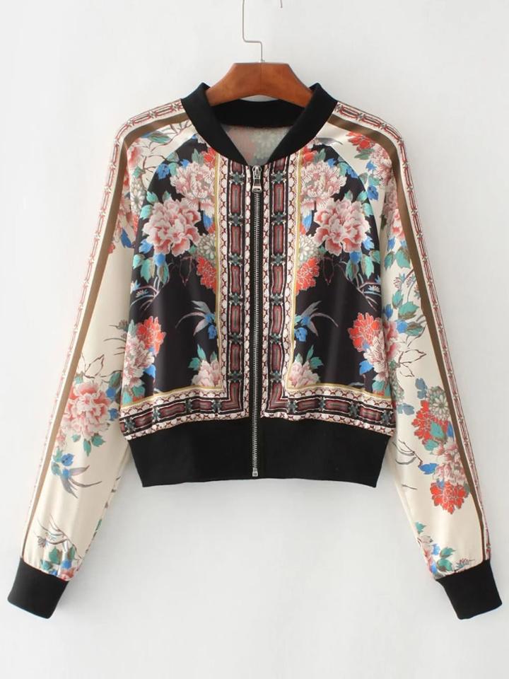 Romwe Calico Print Raglan Sleeve Bomber Jacket