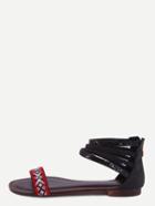 Romwe Black Geometric Pattern Zipper Ankle Strap Flat Sandals