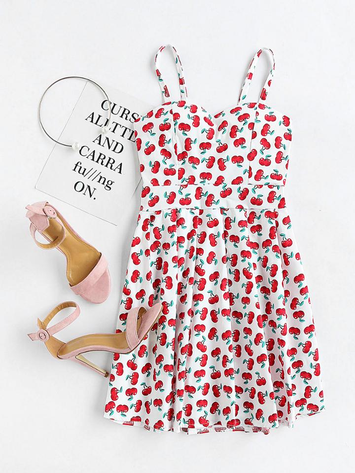 Romwe Cherry Print Random Elastic Back A Line Cami Dress