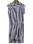 Romwe Stand Collar Vertical Striped Grey Sweater