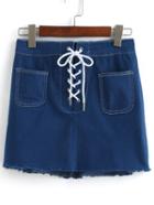 Romwe Bandage Pockets Fringe Blue Skirt