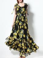 Romwe Black Tie Sleeve Lemon Ruffle Maxi Dress