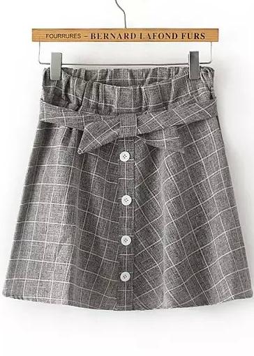 Romwe Grey Bow Plaid Pleated Skirt