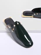 Romwe Dark Green Studded Square Toe Pu Loafer Slippers