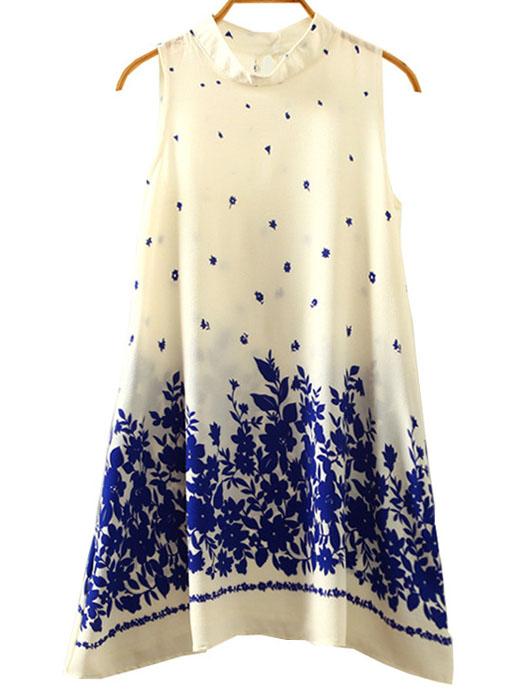 Romwe Beige Flower Print Mock Neck Swing Chiffon Dress