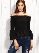 Romwe Black Off The Shoulder Bell Sleeve Smocked Peplum Top