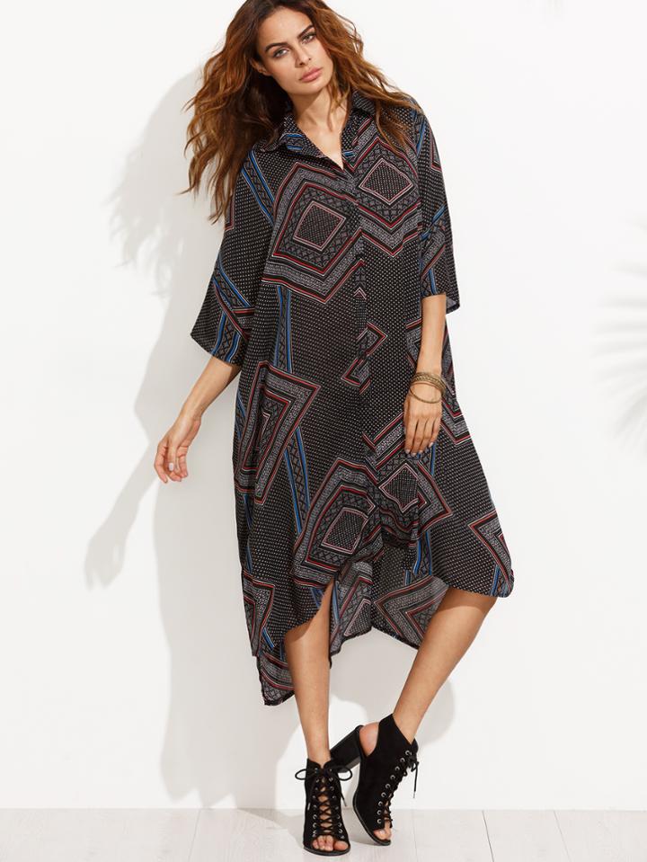 Romwe Black Print High Low Shift Shirt Dress