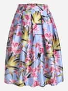 Romwe Blue Botanical Print Box Pleated Skirt