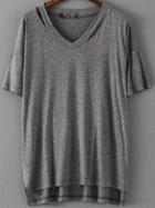 Romwe V Neck Dip Hem Hollow Grey T-shirt