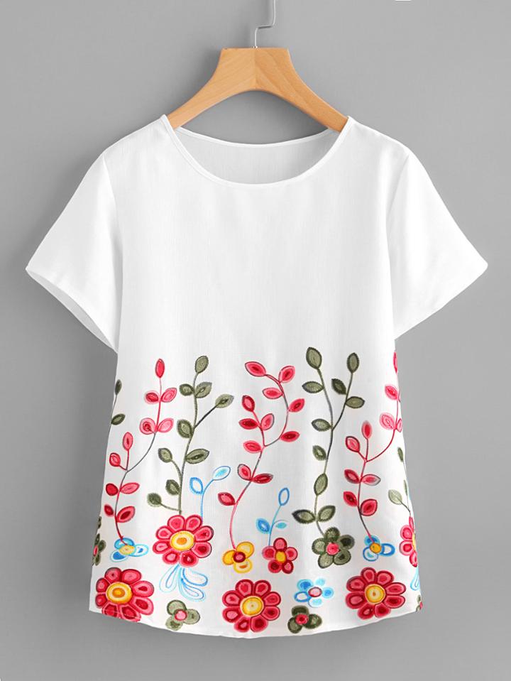 Romwe Flower Embroidery Short Sleeve Top