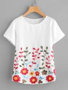 Romwe Flower Embroidery Short Sleeve Top