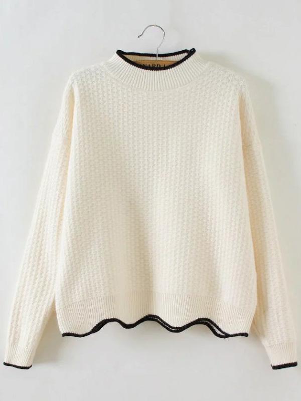 Romwe White Contrast Trim Crew Neck Scalloped Hem Sweater