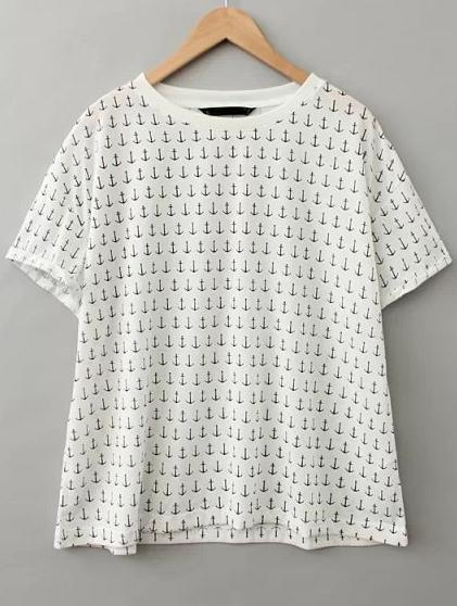 Romwe White Short Sleeve Anchors Print Loose T-shirt