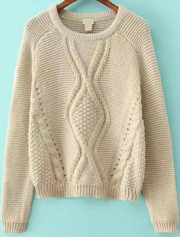 Romwe Beige Long Sleeve Cable Knit Crop Sweater