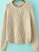 Romwe Beige Long Sleeve Cable Knit Crop Sweater