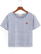 Romwe Blue White Round Neck Striped Bear T-shirt