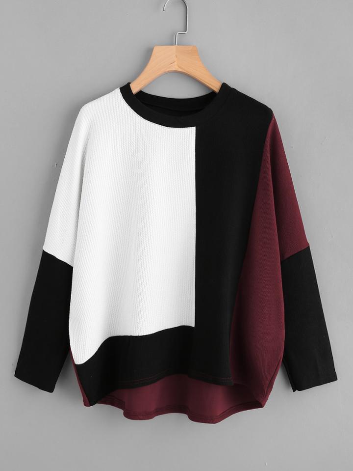Romwe Cut And Sew Dip Hem Textured Pullover
