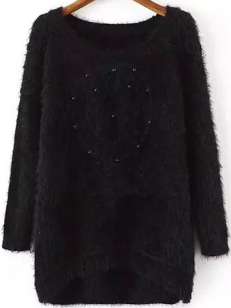 Romwe Bead Fuzzy High Low Black Sweater