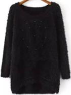 Romwe Bead Fuzzy High Low Black Sweater