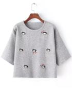 Romwe Cartoon Embroidered Grey Sweater