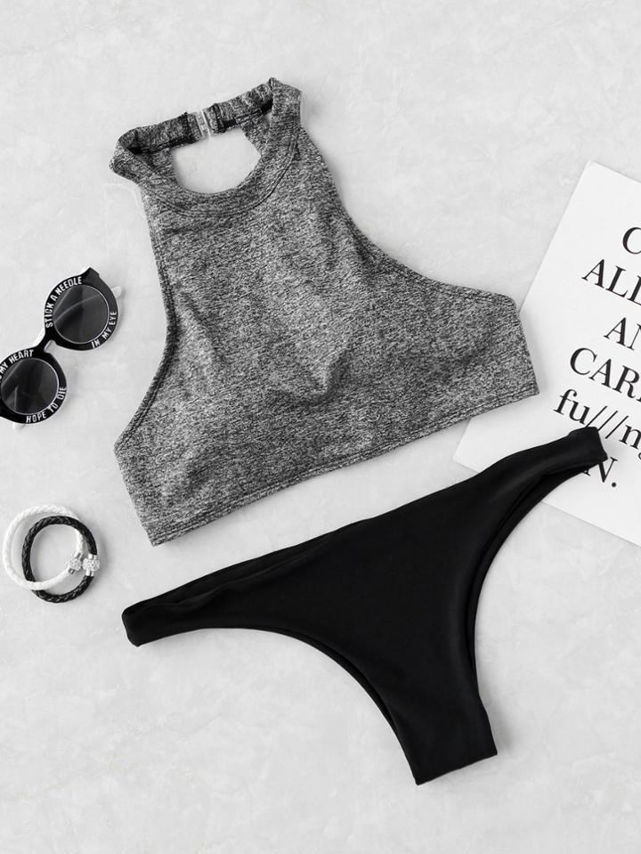Romwe Halter Cut Out Mix & Match Bikini Set