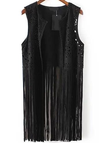 Romwe Hollow Out Fringe Suede Black Vest Coat