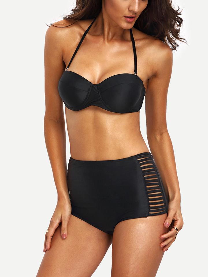 Romwe Halter Ladder-cutout High Waist Bikini Set