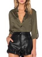 Romwe Lapel Buttons Pockets Army Green Blouse