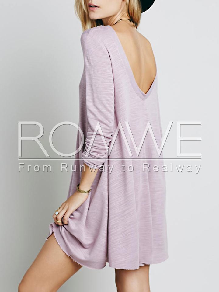 Romwe Purple Long Sleeve Backless Dress